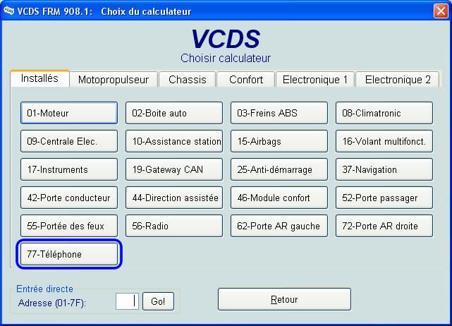 Ecran Choix Calculateur VCDS 77 Tel